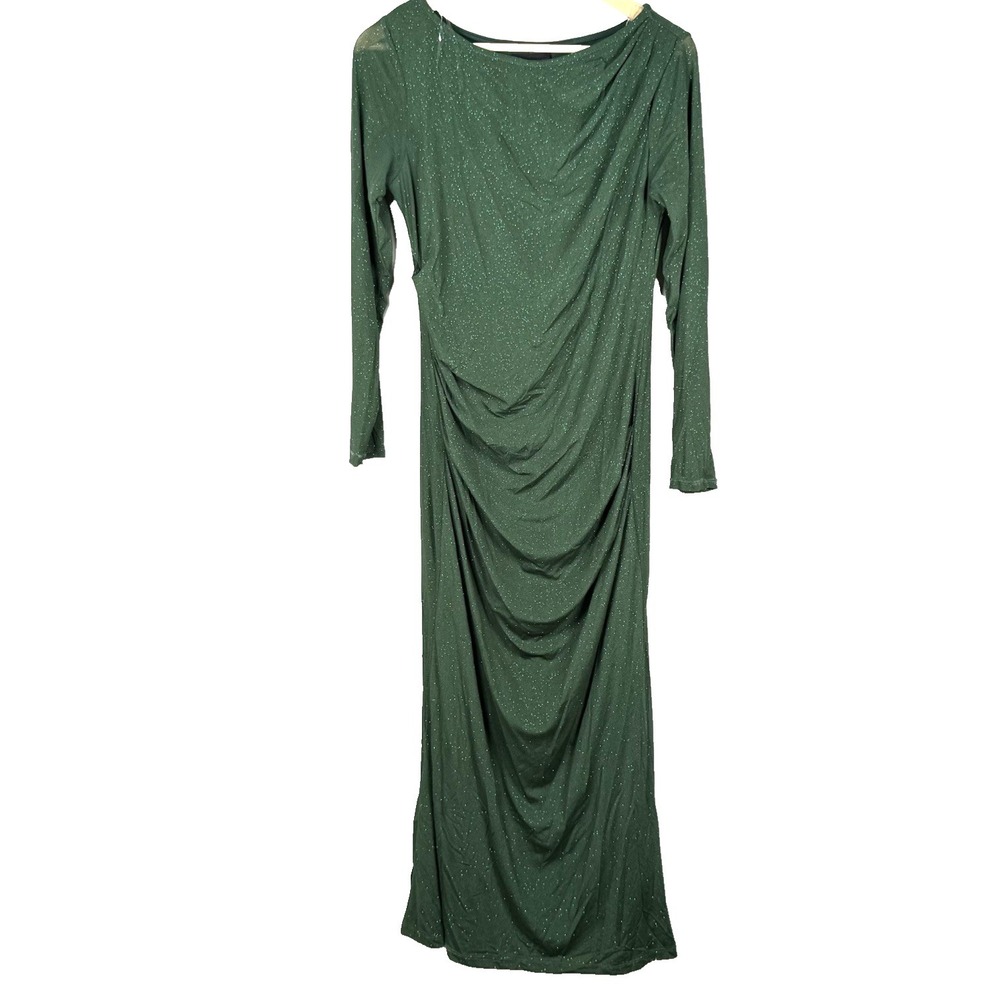 Lovely Grace Green Glitter Shimmer Ruched Long Sleeve‎ Maxi Dress Evening Gown M